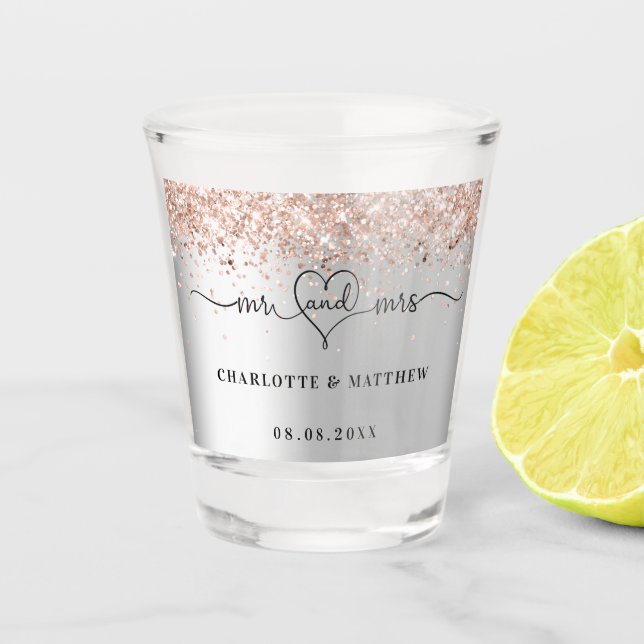 Copo De Shot Recém-casados sr sra prata dourado rosa casamento (Frente)
