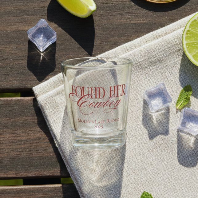 Copo De Shot Red Personalizado Encontrou Sua Bachelorette De Co (Found Her Cowboy Western Bachelorette Shot Glass)