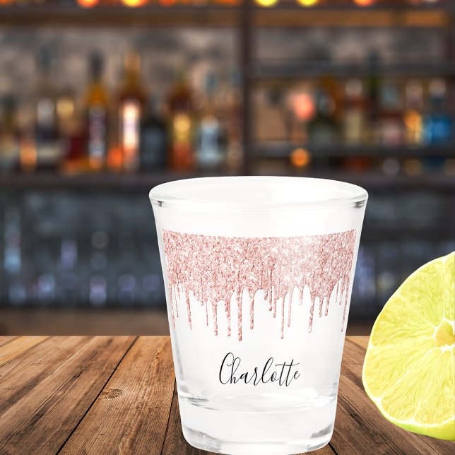 Copo De Shot Rosa dourado glitter goteja nome script elegante (Criador carregado)