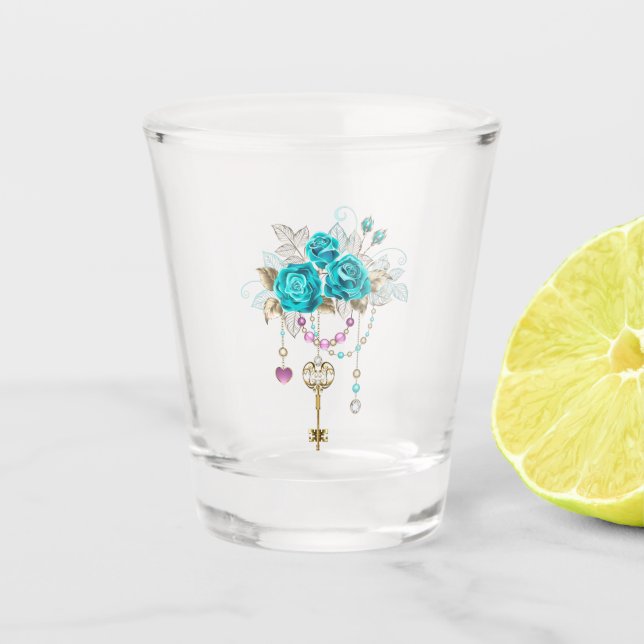 Copo De Shot Rosas Turquesas com Chaves (Frente)