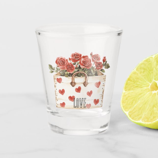 Copo De Shot Rosas Vermelhas Corações Florais Amor  (Frente)