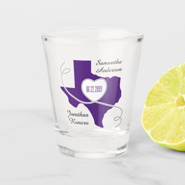 Copo De Shot Roxo Texas Curling Ribbon Data de Casamento (Frente)