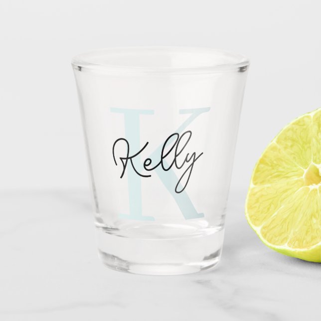 Copo De Shot Script de Monograma Azul Aqua Moderno (Frente)