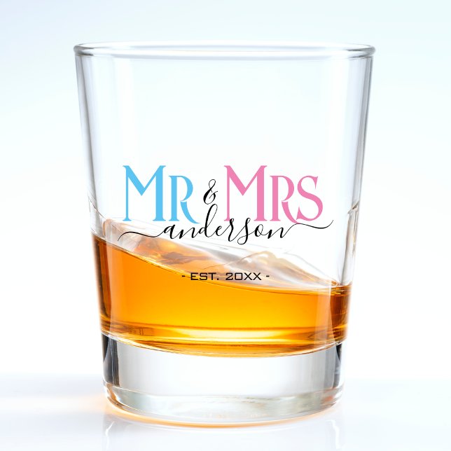 Copo De Shot Sr. & Sra. Newlywn, Favor do Casamento (pink and blue mr and mrs wedding shot glass)