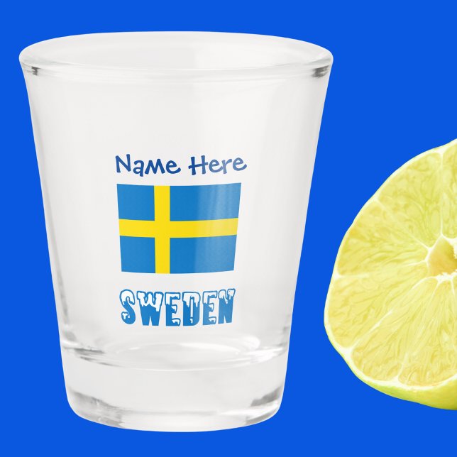 Copo De Shot Suecia e Personalização Azul do Sinalizador Sueco (Personalized shot glass with Swedish Flag and the word SWEDEN in snow capped letters. Add name above)