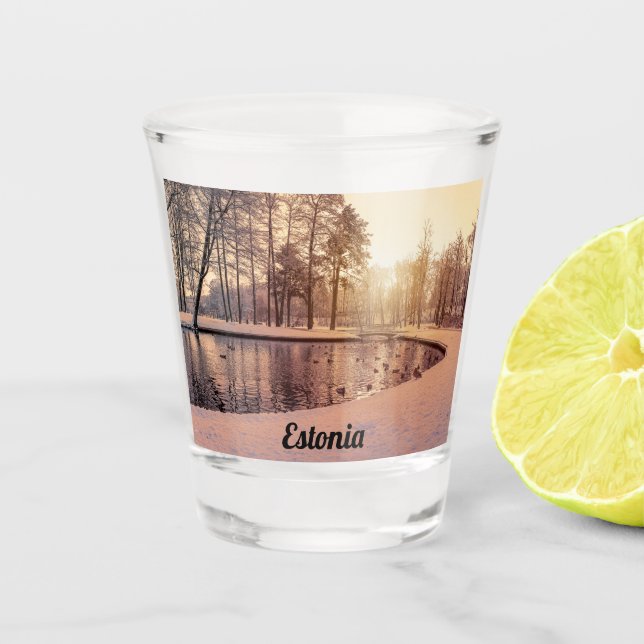 Copo De Shot Sunset sobre parque com lago congelado pequeno (Frente)