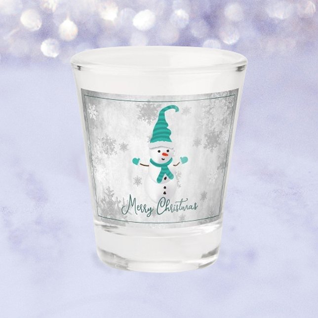 Copo De Shot Teal Cute Snowman - Vidro quente de Natal (Teal Cute Snowman Holiday Shot Glass)