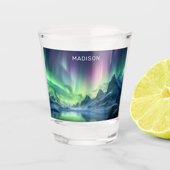 Copo De Shot Texto personalizado Aurora Borealis (Frente)