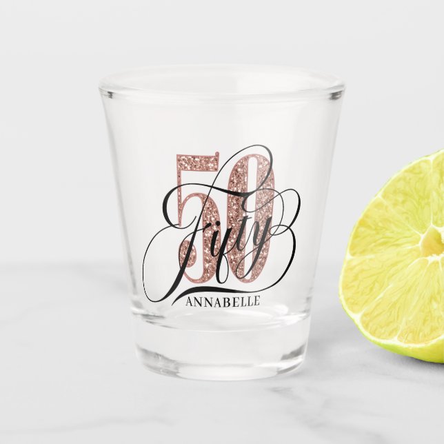 Copo De Shot Tipografia de aniversário do rosa Dourado Glitter  (Frente)
