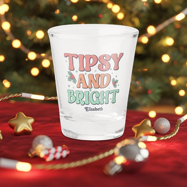 Copo De Shot Tipsy e Bright Retro Personalizado Natal (Tipsy and Bright Retro Personalized Christmas Shot Glass)