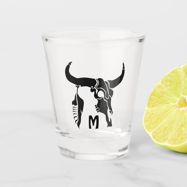Copo De Shot Touro Longhorn Tribal com pena preta (Frente)