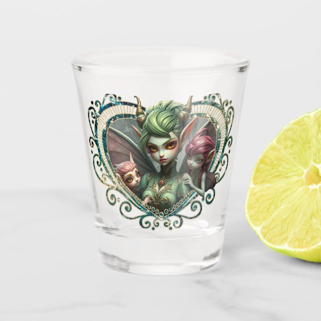 Copo De Shot Três fadas, os companheiros do coração mágico. (Frente)
