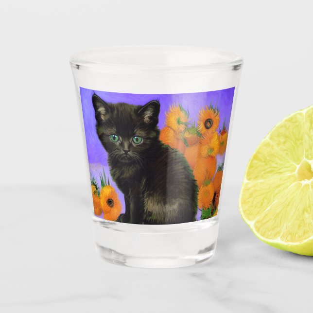 Copo De Shot Van Gogh Black Kitten com Girassóis (Frente)