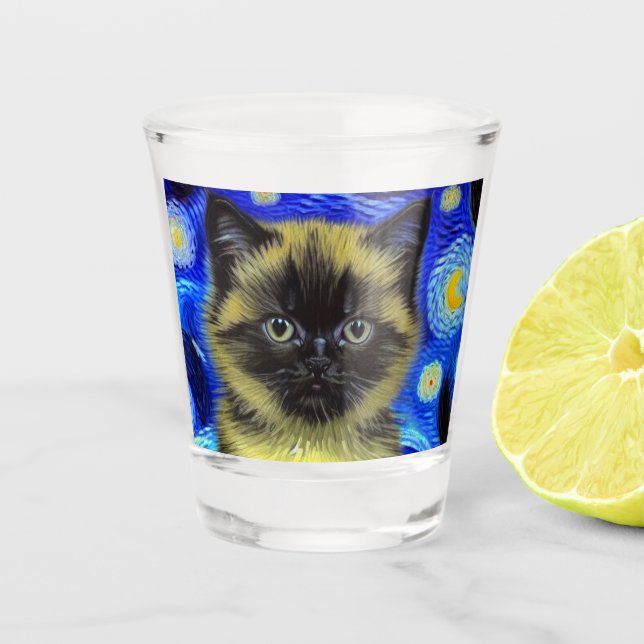 Copo De Shot Van Gogh Starry Night Siamese Cat (Frente)