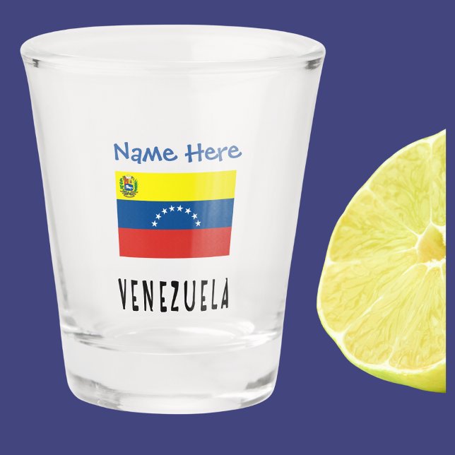 Copo De Shot Venezuela Sinalizador venezuelano personalizado (Venezuelan Flag on shot glass with word VENEZUELA below in flag colors. Add name above in blue text.)