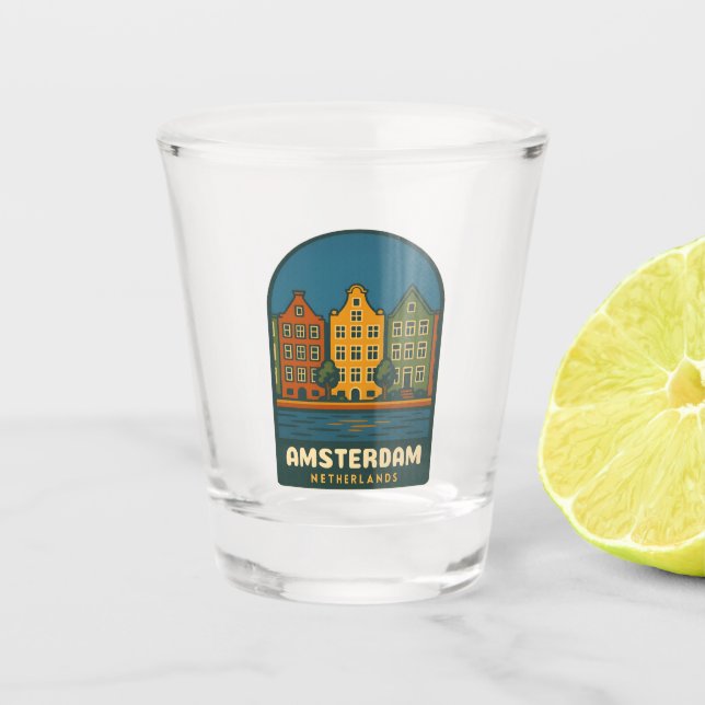 Copo De Shot Viagem Antiga Amsterdã Holanda Cenário Retro (Frente)