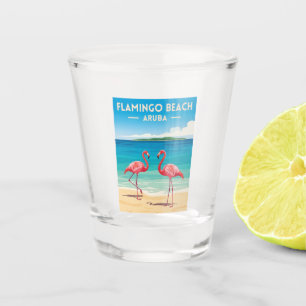 Copo De Shot Viagem Vintage Aruba Praia Flamingo Cenário Retrô