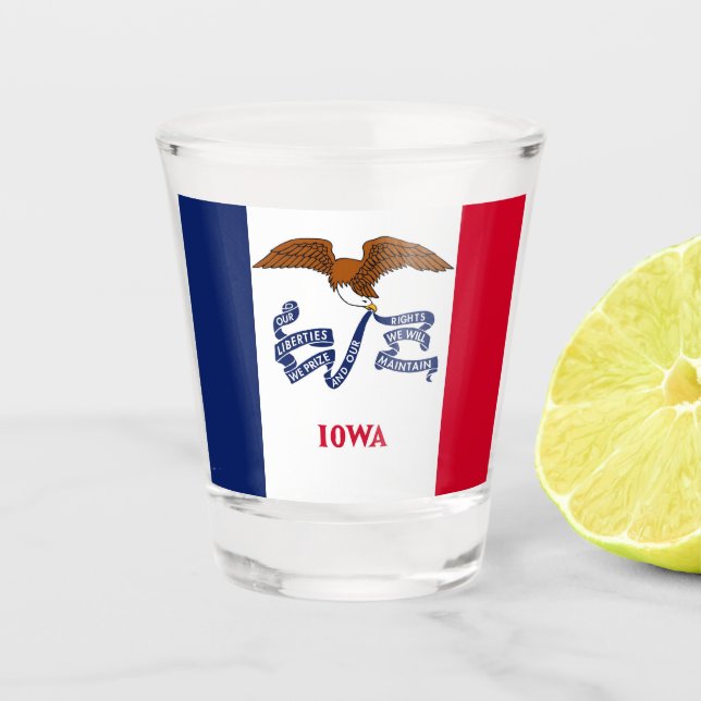 Copo De Shot Vidro baleado patriótico com bandeira de Iowa (Frente)