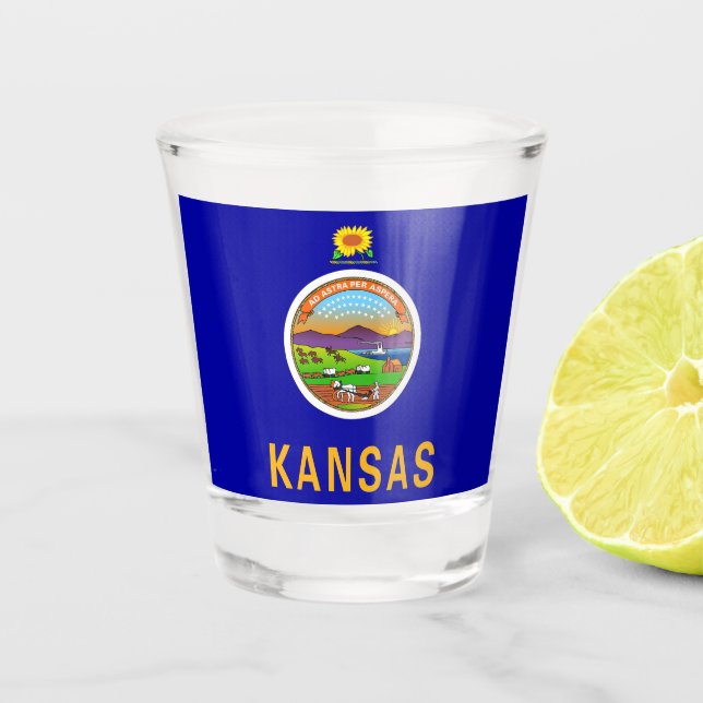 Copo De Shot Vidro baleado patriótico com bandeira do Kansas (Frente)
