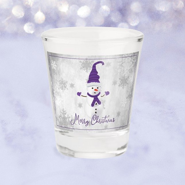 Copo De Shot Vidro de Feriado de Neve, Cute Roxo (Purple Cute Snowman Holiday Shot Glass)