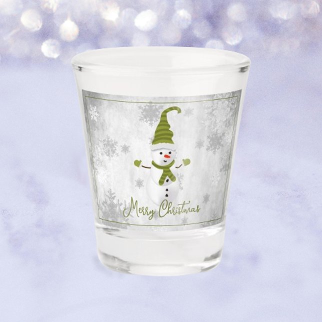 Copo De Shot Vidro de Férias de Neve Verde (Green Cute Snowman Holiday Shot Glass)