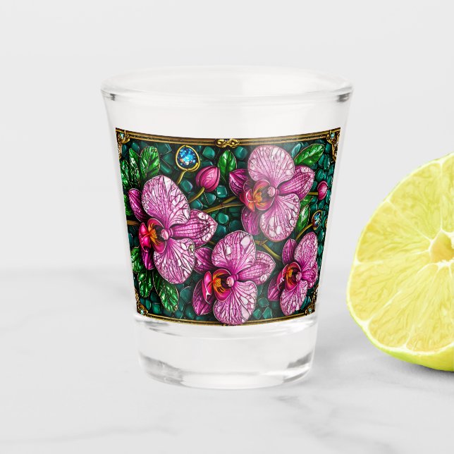 Copo De Shot Vidro Estreito Com Orquídeas Rosa (Frente)