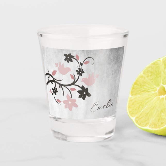 Copo De Shot Vidro-Fogo Personalizado De Aves Rosa (Frente)