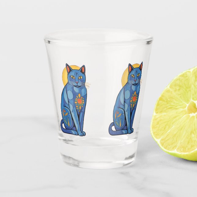 Copo De Shot Vidro quente de gato azul (Frente)