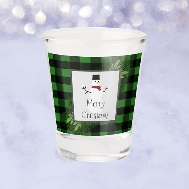 Copo De Shot Vidro quente de Xadrez Verde Buffalo (Green Snowman Buffalo Plaid Shot Glass)