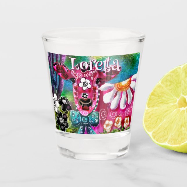 Copo De Shot Whimsical Floral Cow Pink Teal Black Personalized (Frente)