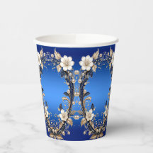 Copos de Papel com Enfeite Floral Azul Branco
