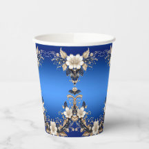Copos de Papel com Enfeite Floral Azul Branco