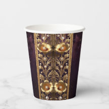 Copos de Papel Ornamento Floral Dourado com Pérola