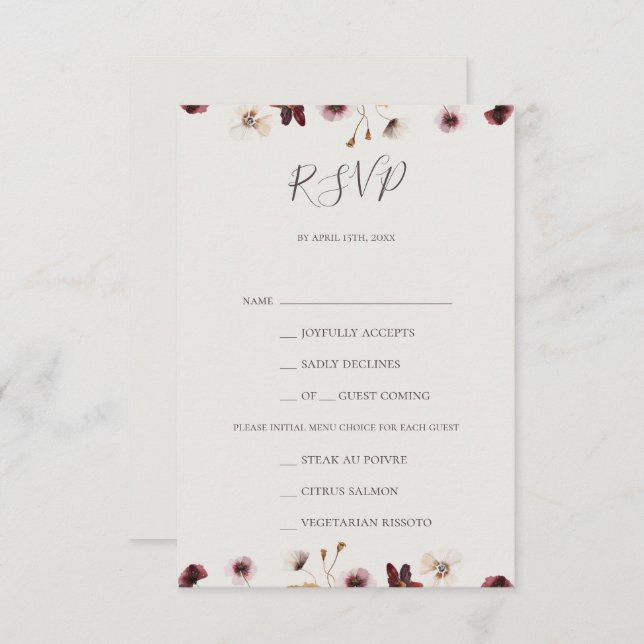 Copper Burgundy Wildflower Beige Menu Choice RSVP (Frente/Verso)