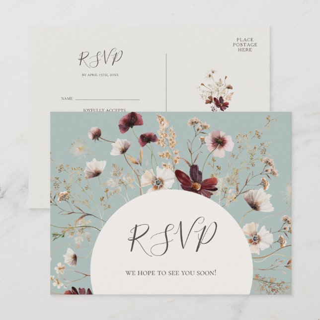 Copper Burgundy Wildflower Teal Menu Choice RSVP (Frente/Verso)