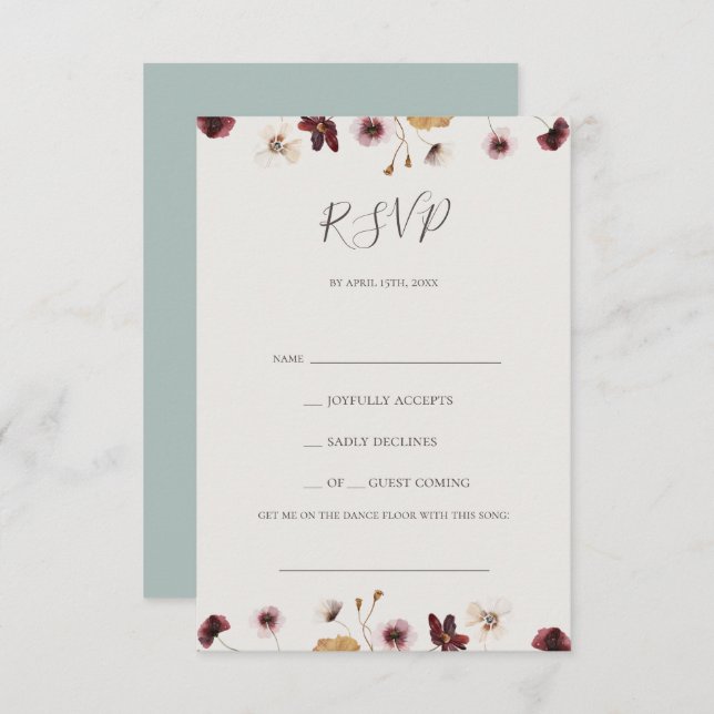 Copper Burgundy Wildflower Teal Song Request RSVP (Frente/Verso)