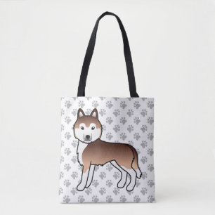 Copper Siberian Husky Cartoon Dog & Paws Tote Bag