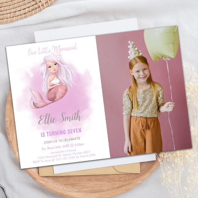 Copper Tail Mermaid Birthday Convites com foto (Copper Tail Mermaid Birthday Invitations w photo)
