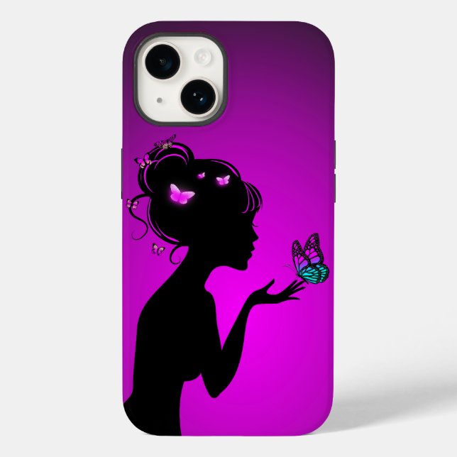 Coque Pour iPhone 14 La femme papillons violets (Verso)
