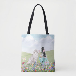 Coquette Girl and Dog Primavera Meadow Tote Bag