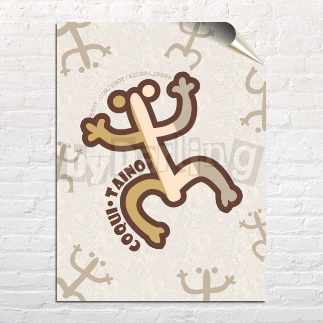 Coqui Taino Puerto Rico Wall Art Poster (Coqui Taino Digital Art Poster over white brick wall)