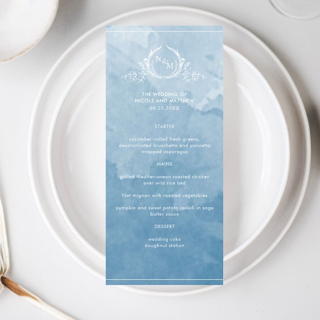 Cor Azul Elegante, Menu Casamento Monograma (Criador carregado)