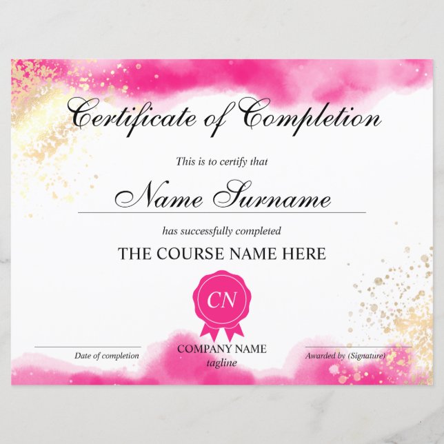 Cor d'água do curso do Prêmio de Certificado de Co (Frente)