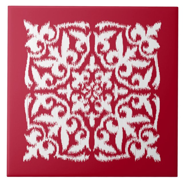 Cor damasco de Ikat - obscuridade - vermelho e (Frente)
