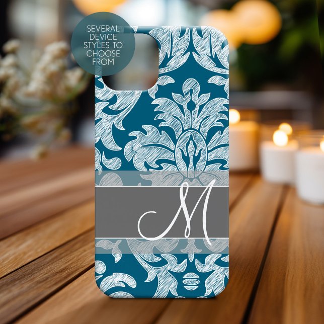 Cor damasco de rendas modernas - Cinza azul (Personalized Phone Case with Monogram)