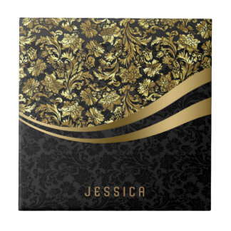 Cor damasco Floral Dourada e Preta Elegante