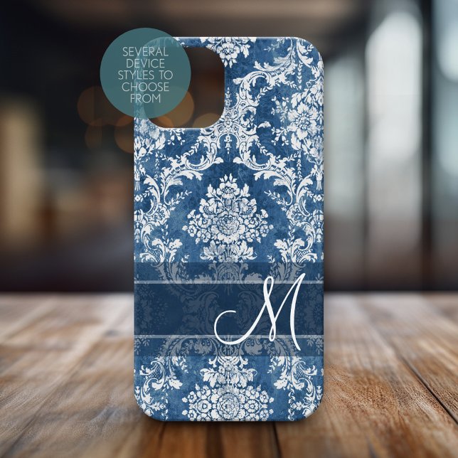 Cor damasco Grunge Sapphire com Monograma (Personalized Phone Case with Monogram)