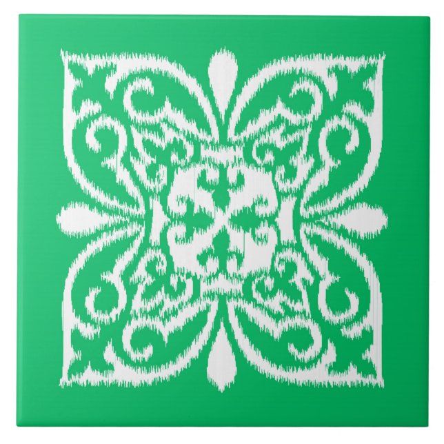 Cor damasco Ikat - verde-jade e branco (Frente)