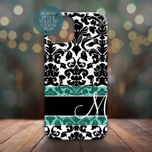 Cor damasco Preta e Branca com Monograma (Personalized Phone Case - Many Device Styles to Choose From)