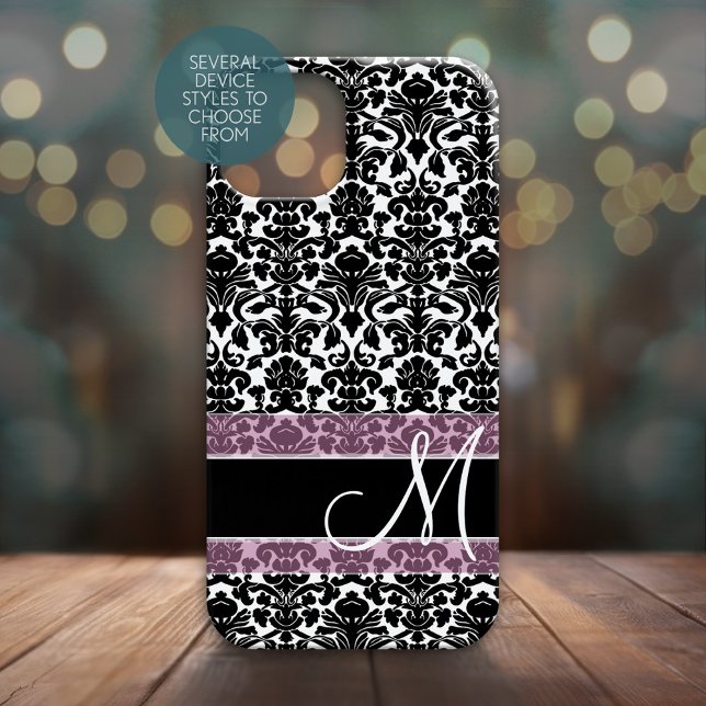 Cor damasco Preta e Branca com Monograma (Personalized Phone Case - Many Device Styles to Choose From)